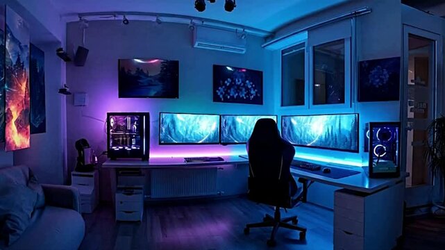 Modern gaming room setup with multiple monitors, vibrant LED lighting, and a comfortable gaming chair, creating an immersive digital experience.