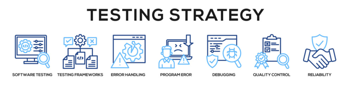 Linecolor - Testing Strategy web banner icon vector illustration concept for business with icon of software testing, Testing Frameworks, Error Handling, Program Eror, debugging, Quality Control,.