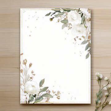 Blank funeral flyer mockup design. Watercolor floral border. Empty space for text. Light wood background. Perfect for printing memorial service announcements. Simple elegant template. Funeral program