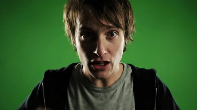 A young man with a shocked expression stands against a green background, captured in a close-up shot