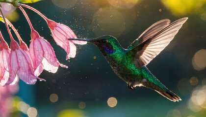 Fototapeta premium Vibrant green hummingbird hovering near pink flowers in golden sunlight close-up