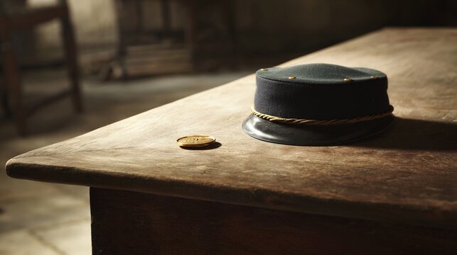 kepi. An old French military kepi hat and a medal on a wooden desk. event programs, museum guides, designed for cultural heritage projects and event programs, used by logistics managers.