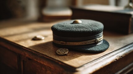 Obraz premium kepi. An old French military kepi hat and a medal on a wooden desk. event programs, museum guides, designed for cultural heritage projects and event programs, used by logistics managers.
