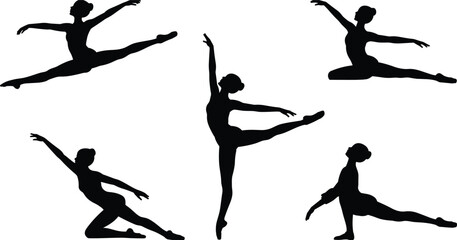 Collection of five black silhouettes of ballerinas in various graceful dance poses ballet dancer © Shahajan