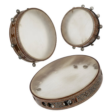 Three traditional Islamic frame drums or def, musical instruments for cultural and religious festivities.