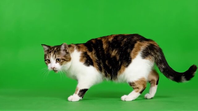 A calico cat walking on a green screen, viewed from the side, studio photography