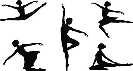 Five diverse black silhouettes of ballerinas performing different artistic dance movements ballet dancer © Shahajan