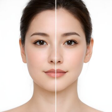 Split face comparison showing facial puffiness and refined V line contour after lymphatic treatment, ideal for beauty device and aesthetic marketing.