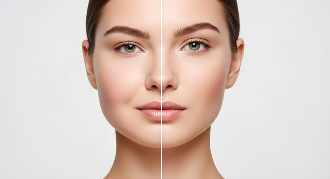 Split face comparison showing facial puffiness and refined V line contour after lymphatic treatment, ideal for beauty device and aesthetic marketing.