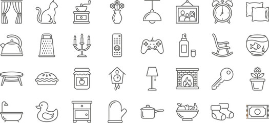 Household Objects and Home Decor Line Icons on White Background Keywords: home, household, objects, decor, icon, symbol