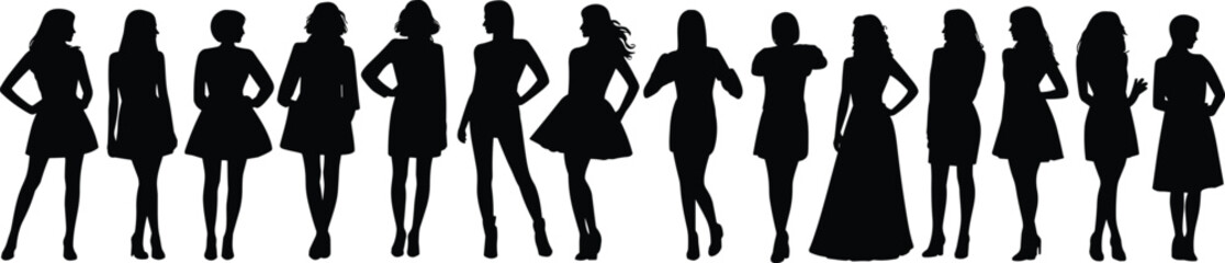 Lineup of thirteen diverse female fashion silhouettes in elegant attire woman model