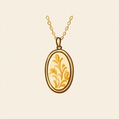 Oval pendant with floral design on gold chain
