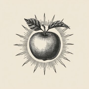 Ornate, realistic apple with radiating sunburst, evoking nature and enlightenment