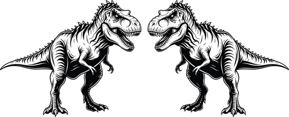 Twin Tyrannosaurus rex dinosaur illustration facing each other, detailed prehistoric predator vector design symbolizing power, danger and Jurassic era wildlife isolated on white background © Mehadul Expressive