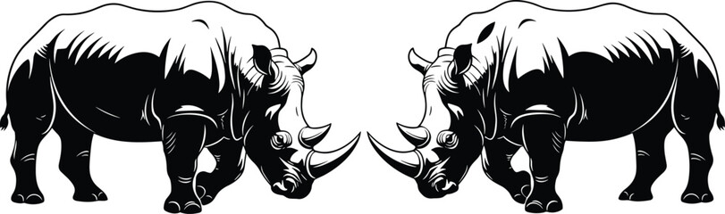 Symmetrical rhinoceros silhouettes facing inward, powerful wildlife mammal vector illustration, endangered species symbol for conservation design, safari emblem isolated on white background © Mehadul Expressive