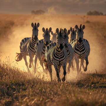 Majestic herd of zebras galloping through the African savanna at golden hour, kicking up dust in a cinematic, backlit stampede. High-contrast stripes, intense energy, and raw, untamed wildlife speed.