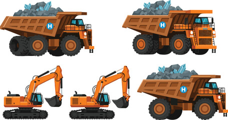 Mining Dump Truck and Excavator Heavy Construction Machinery Set Vector Illustration Isolated on White Background for Quarry Industry and Earthmoving Design © MdAnowarHossain