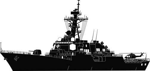 Modern Naval Warship with Military Helicopter Silhouette Vector Illustration Isolated on White Background for Navy Defense and Maritime Security Design © MdAnowarHossain