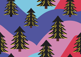 Fototapeta premium Seamless pattern of stylized black fir trees with gold accents on a colorful wavy background