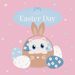 Happy Easter Day with Adorable Bunny Cat and Eggs