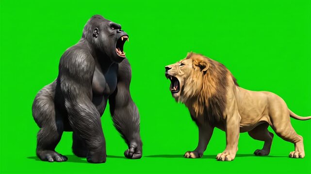 Gorilla and Lion Battle Confrontation on Green Screen