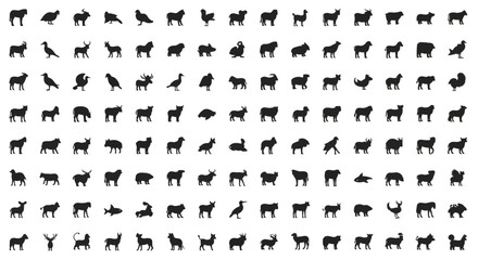 A comprehensive collection of black animal silhouettes featuring wildlife, farm animals, birds, and marine species.