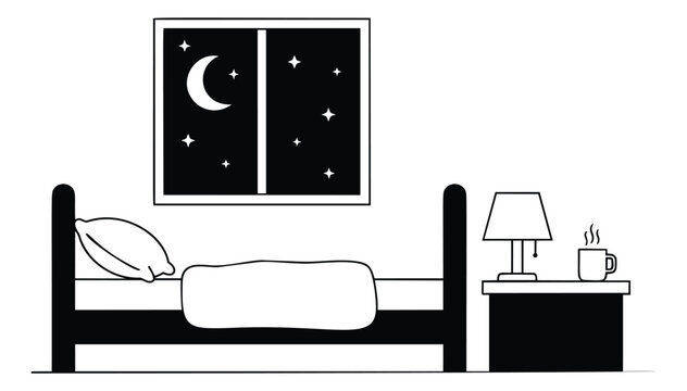 Line art illustration of a bedroom scene depicting a cozy night for sleep and relaxation concepts