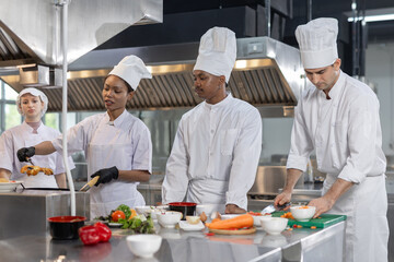 Professional chefs working together in commercial kitchen, preparing food and stirring pan. Culinary teamwork, restaurant industry, hospitality service and food preparation concept.
