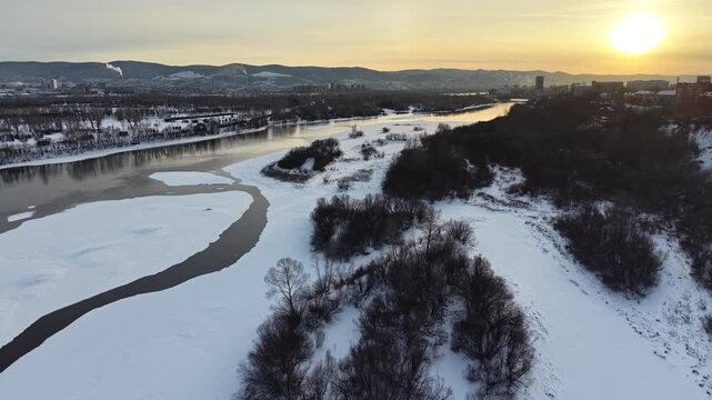 Beautiful winter in Krasnoyarsk. Yenisei river and Tatyshev island