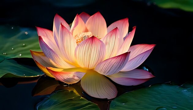 Vibrant pink and yellow lotus flower in full bloom, petals radiating sunlight, surrounded by dark water and lily pads