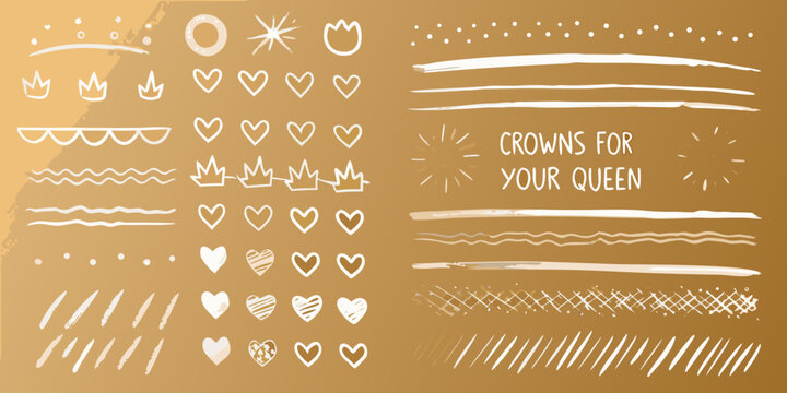 Golden doodles of hearts crowns and decorative brushstrokes on a tan background
