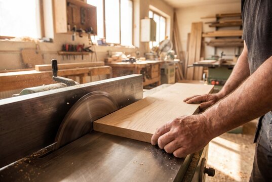 Carpenter hands feeding wood plank into thickness planer machine