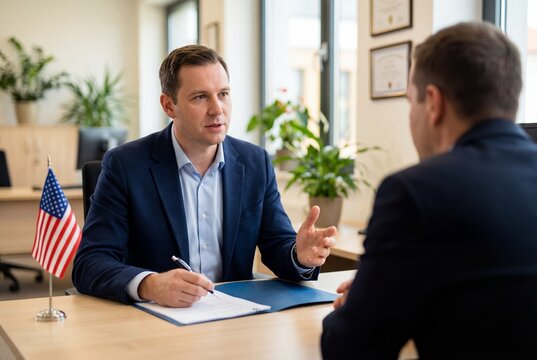 Professional man in a suit conducting a formal US immigration interview at a desk