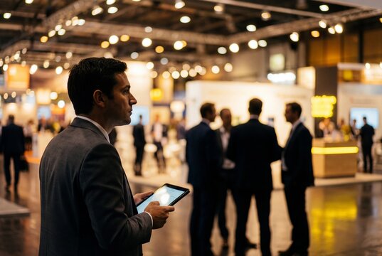 Businessman with tablet at a busy trade show floor with other professionals in the background