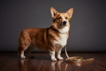 Pembroke welsh corgi standing on a dark wooden floor in a studio portrait