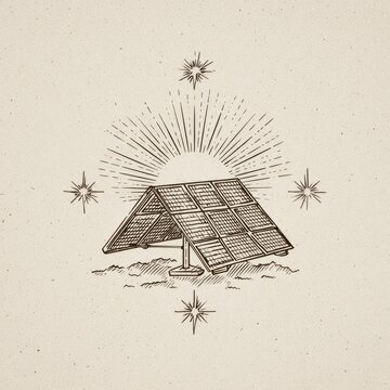 Stylized solar panel with radiating sun and four surrounding stars
