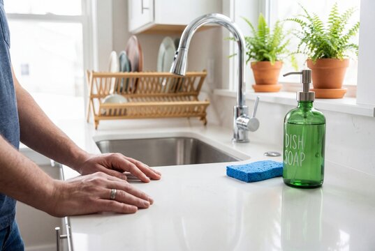 Man hands resting on white kitchen countertop next to green dish soap and blue sponge