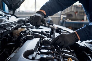 Mechanic with black gloves using a wrench on a car engine in a repair shop