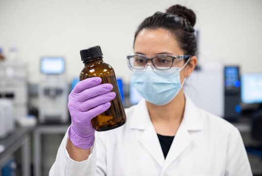 Female scientist in a mask holding a glass bottle in a laboratory