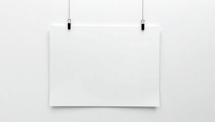 A blank white canvas hanging on a wall with two black clips