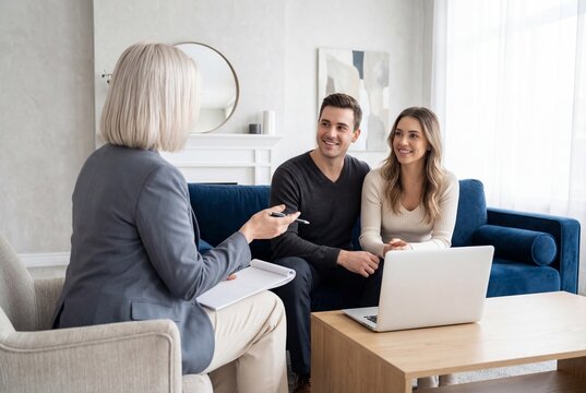 Professional woman discussing financial plans with happy couple sitting on blue sofa in bright room
