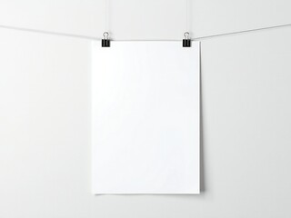 A blank white paper hangs on a string with clothespins against a white wall