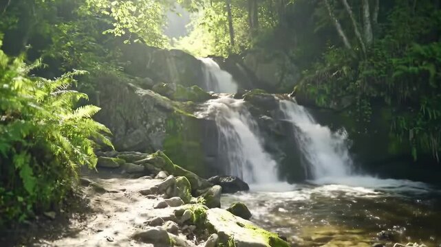 A scenic cascade tumbles over moss-covered rocks, flowing through a lush forest. Sunlight streams, illuminating ferns and verdant foliage