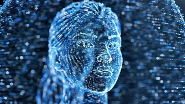 A blue-tinted, pixelated portrait of a woman's face surrounded by dynamic, sparkling particles