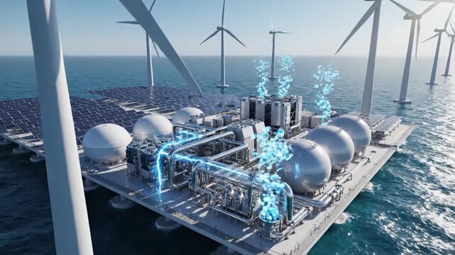 Offshore platform generates green hydrogen using wind and solar power.