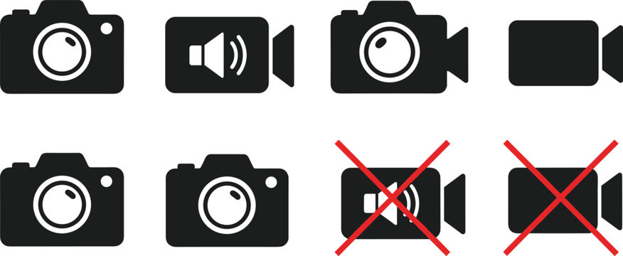 Camera and video recorder icon set, digital photography capture symbols, movie recording buttons, audio sound on and off signs, isolated