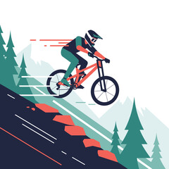 Fototapeta premium Mountain Biker Descending Steep Trail with Speed Lines, Trees, and Mountains