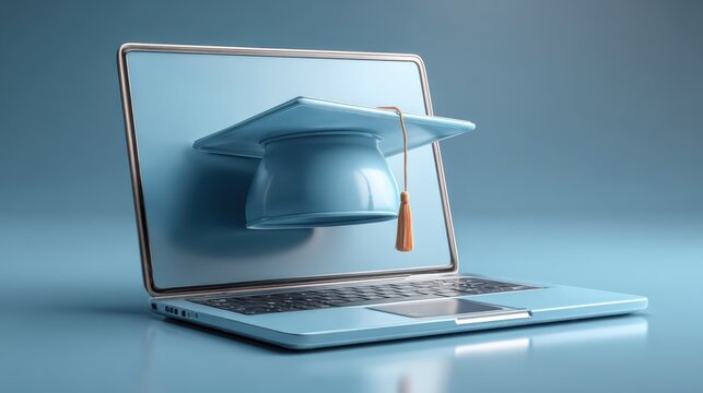 Modern Laptop with Graduation Cap Represents Online Education Concept