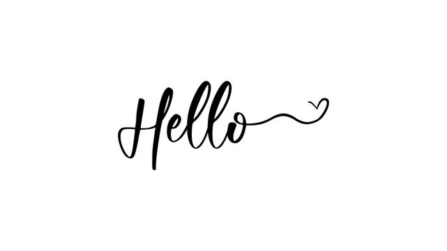 An animation of the word "hello" in black and white in a cursive font with a heart is perfect for greeting cards, social media posts, invitations, and romantic designs.