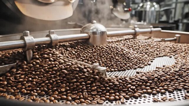 Freshly roasted coffee beans tumble in a large industrial machine, releasing